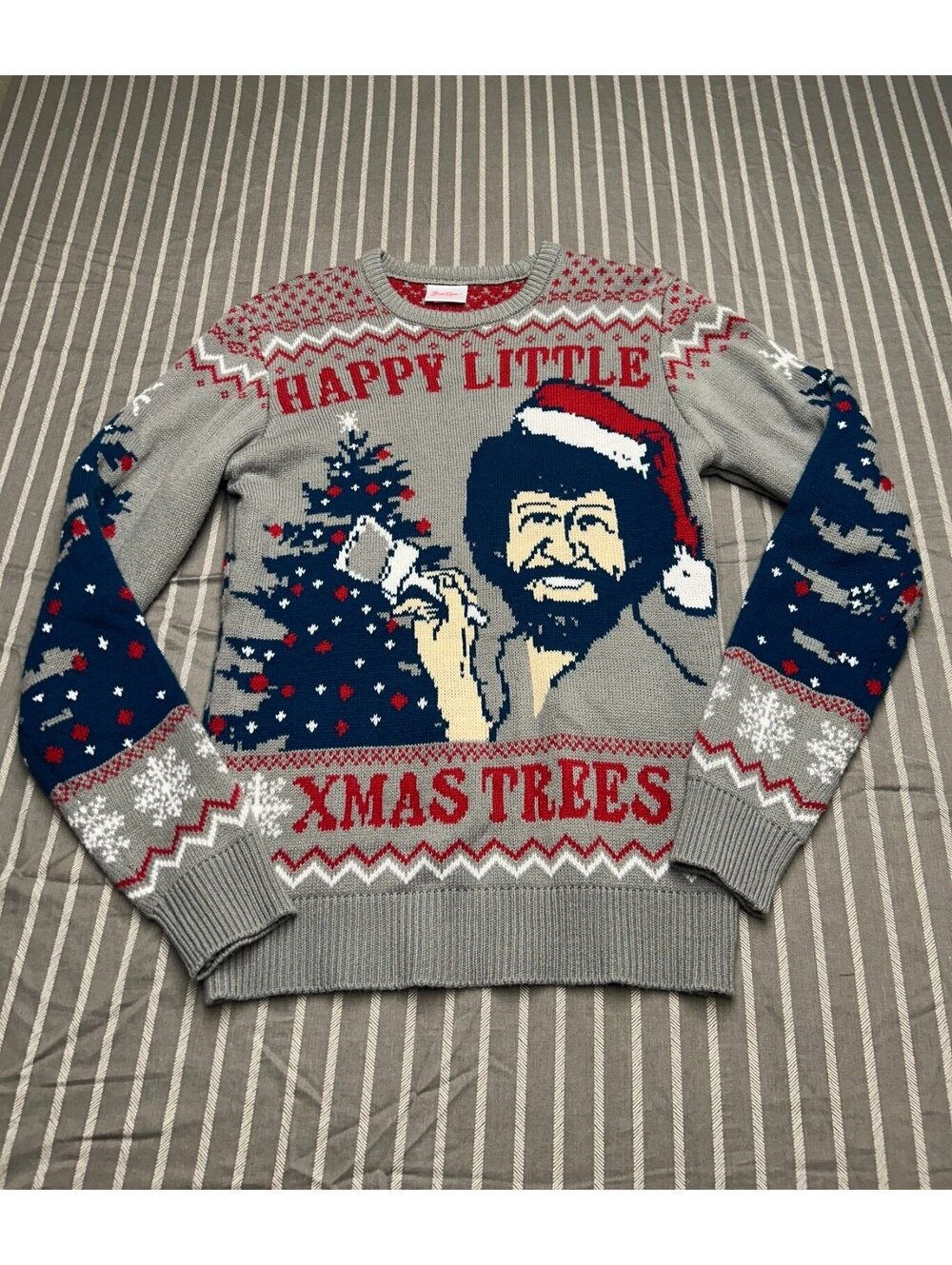 Bob Ross "Happy Little Xmas Trees" Christmas Knit Sweater Gray Men’s Size Small